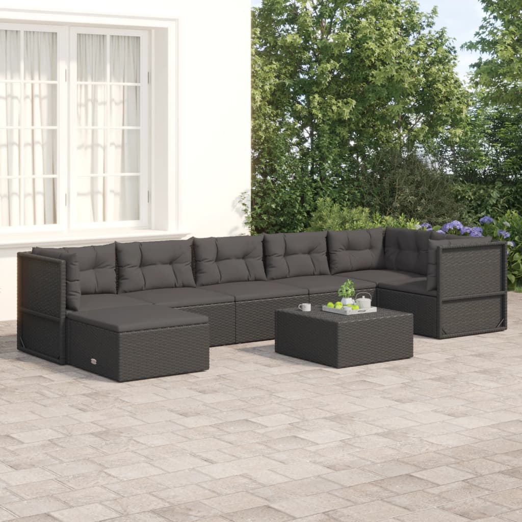 5-delige Loungeset met kussens poly rattan zwart