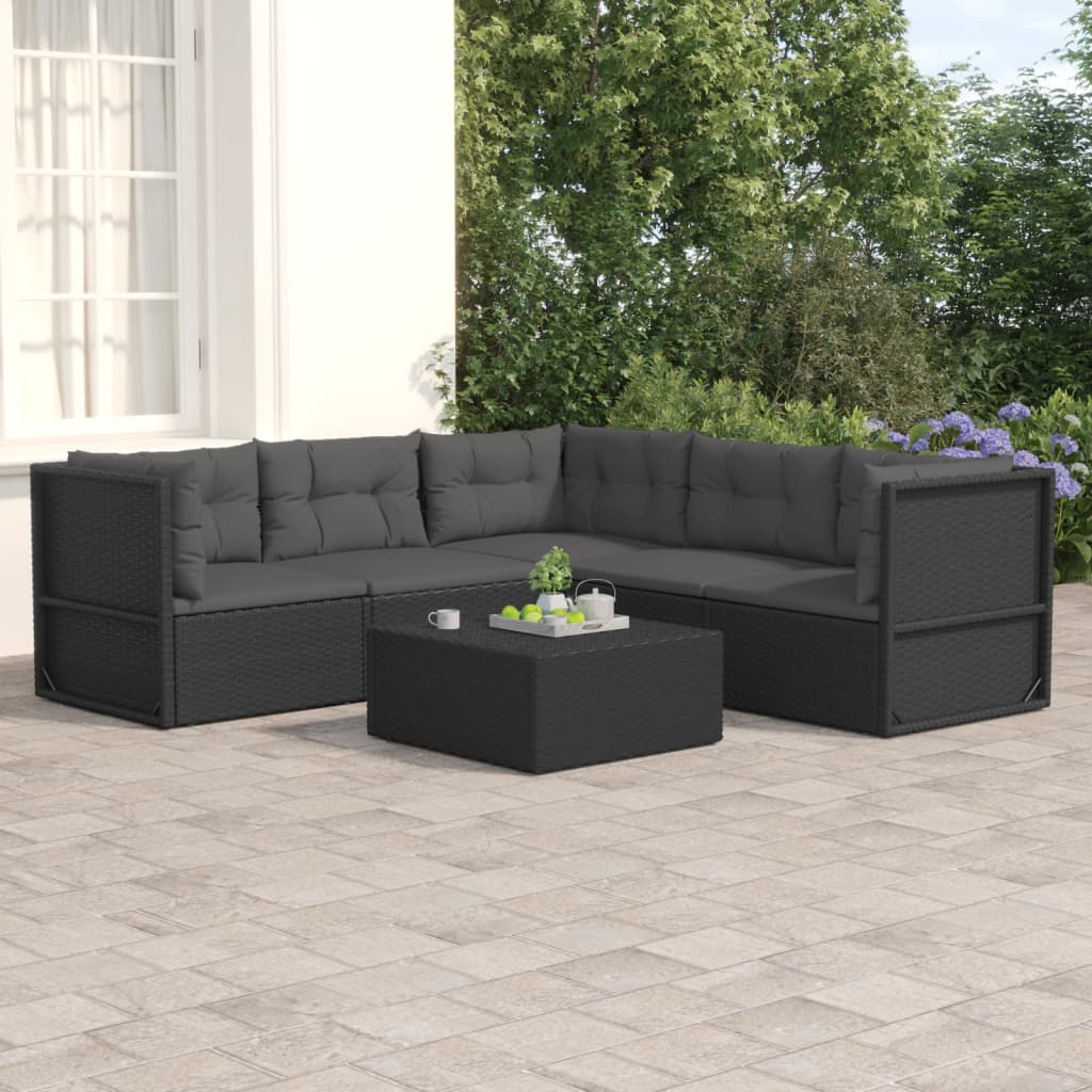 7-delige Loungeset met kussens poly rattan zwart