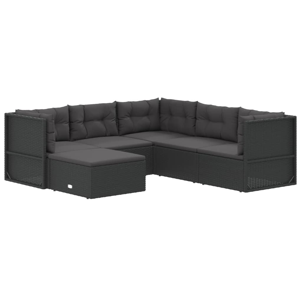 7-delige Loungeset met kussens poly rattan zwart