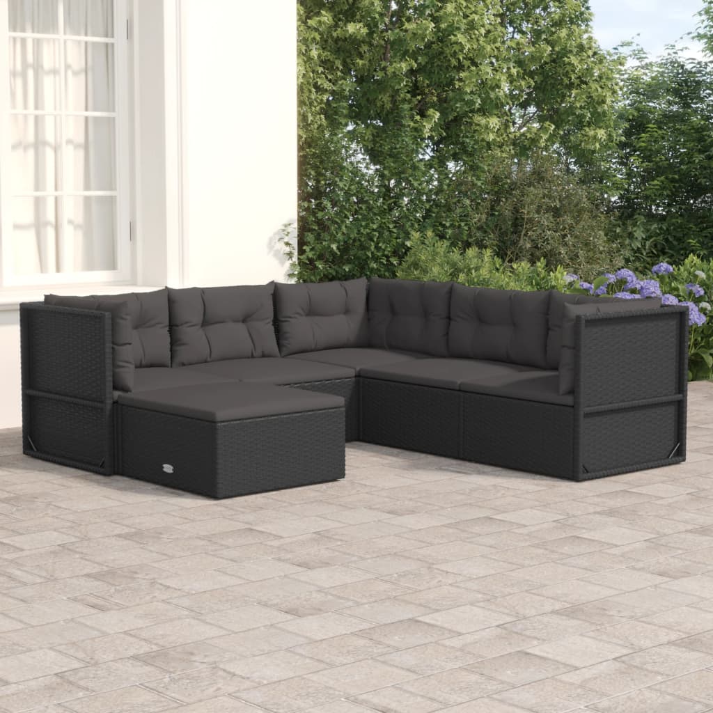 7-delige Loungeset met kussens poly rattan zwart