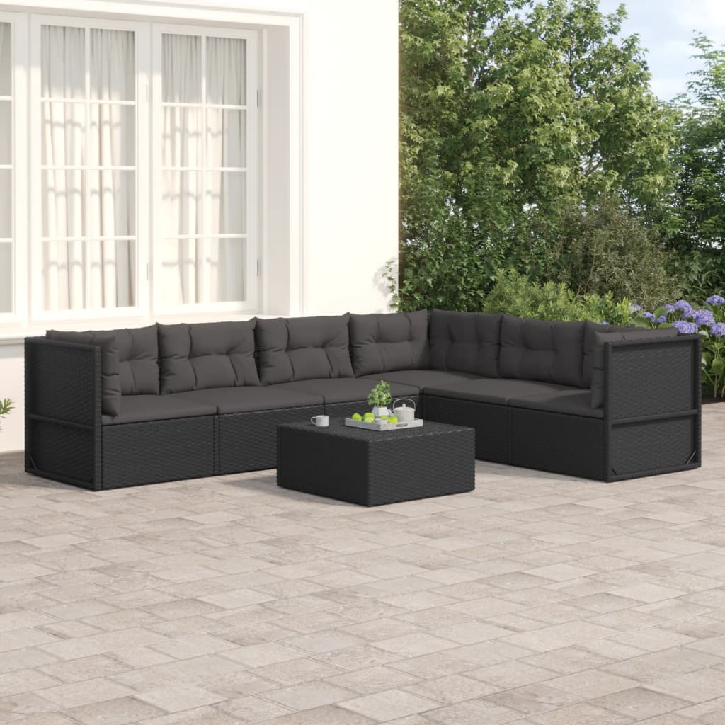 7-delige Loungeset met kussens poly rattan zwart