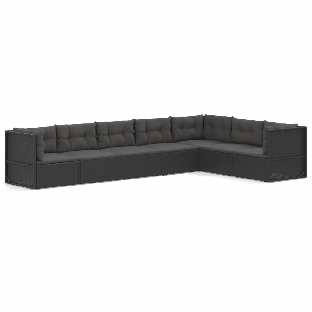 7-delige Loungeset met kussens poly rattan zwart