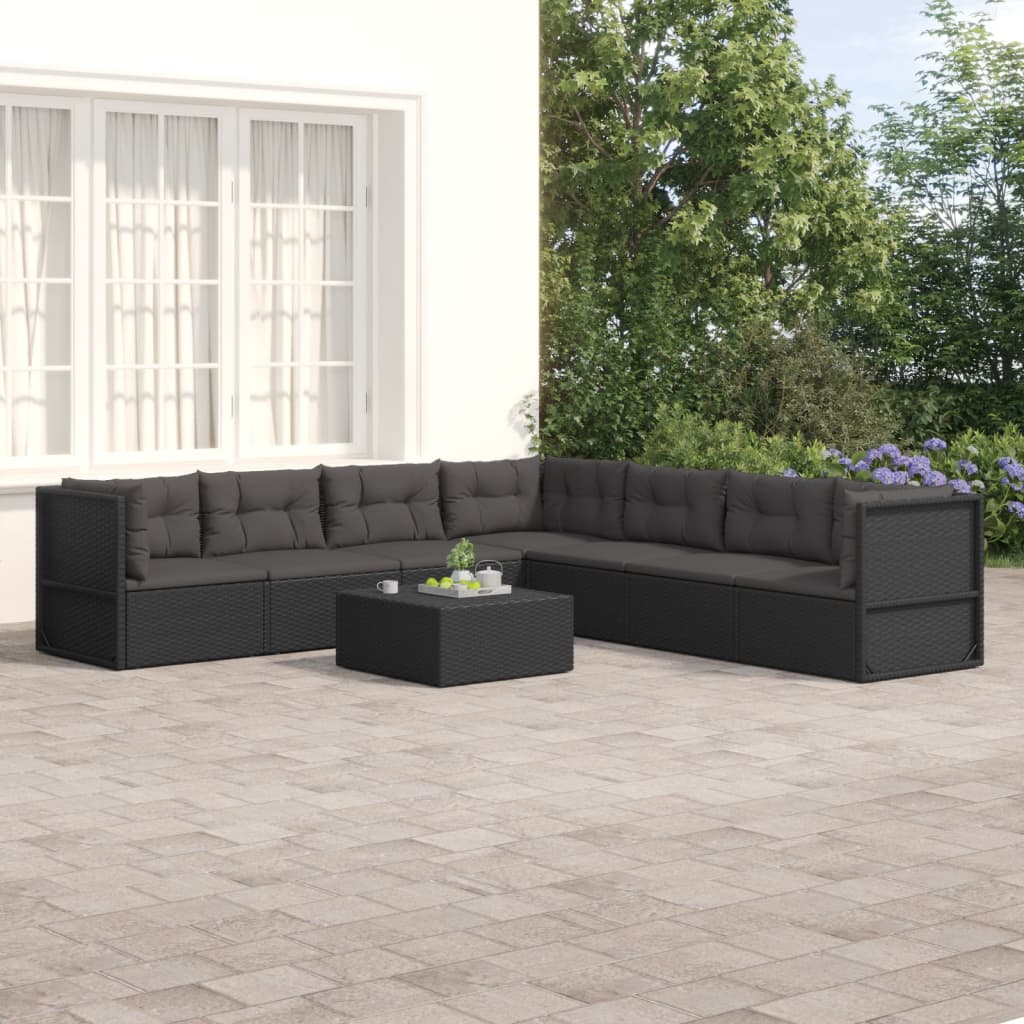 8-delige Loungeset met kussens poly rattan zwart