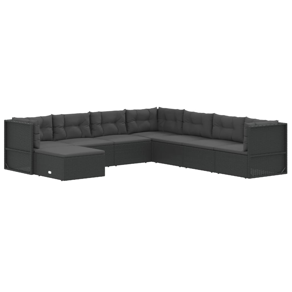 8-delige Loungeset met kussens poly rattan zwart