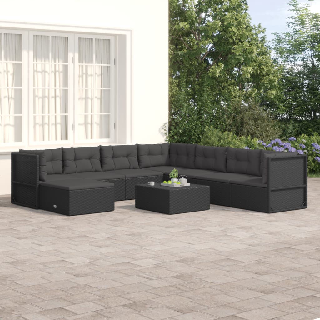 8-delige Loungeset met kussens poly rattan zwart