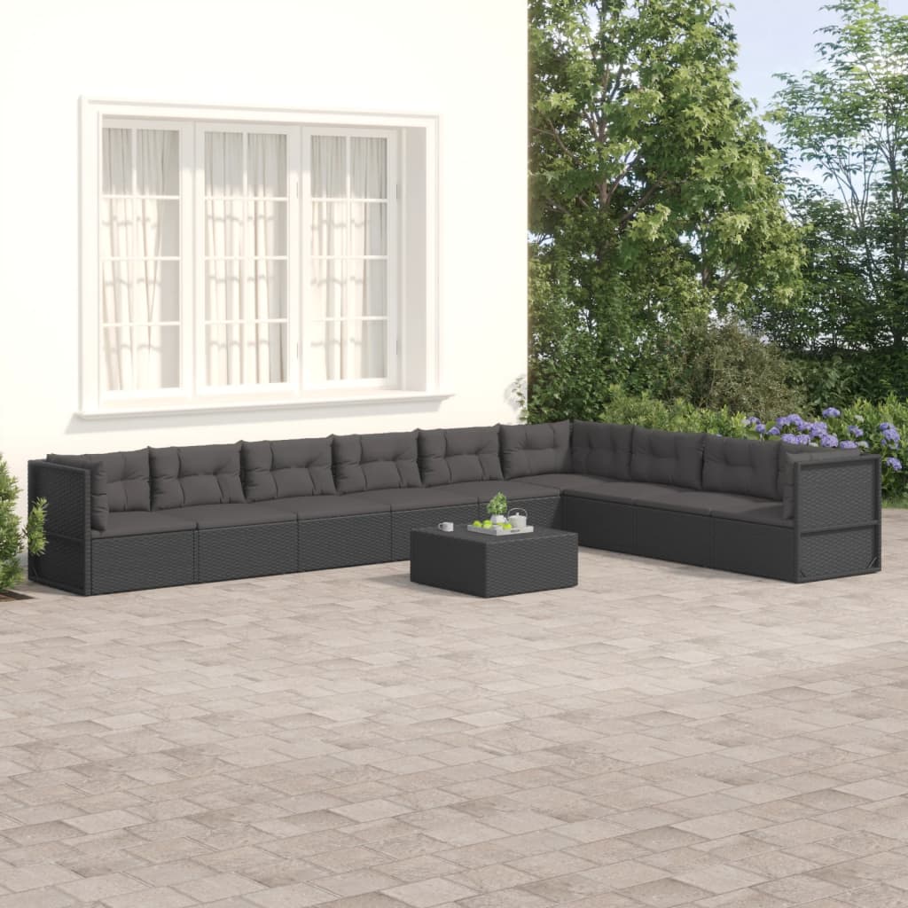 8-delige Loungeset met kussens poly rattan zwart