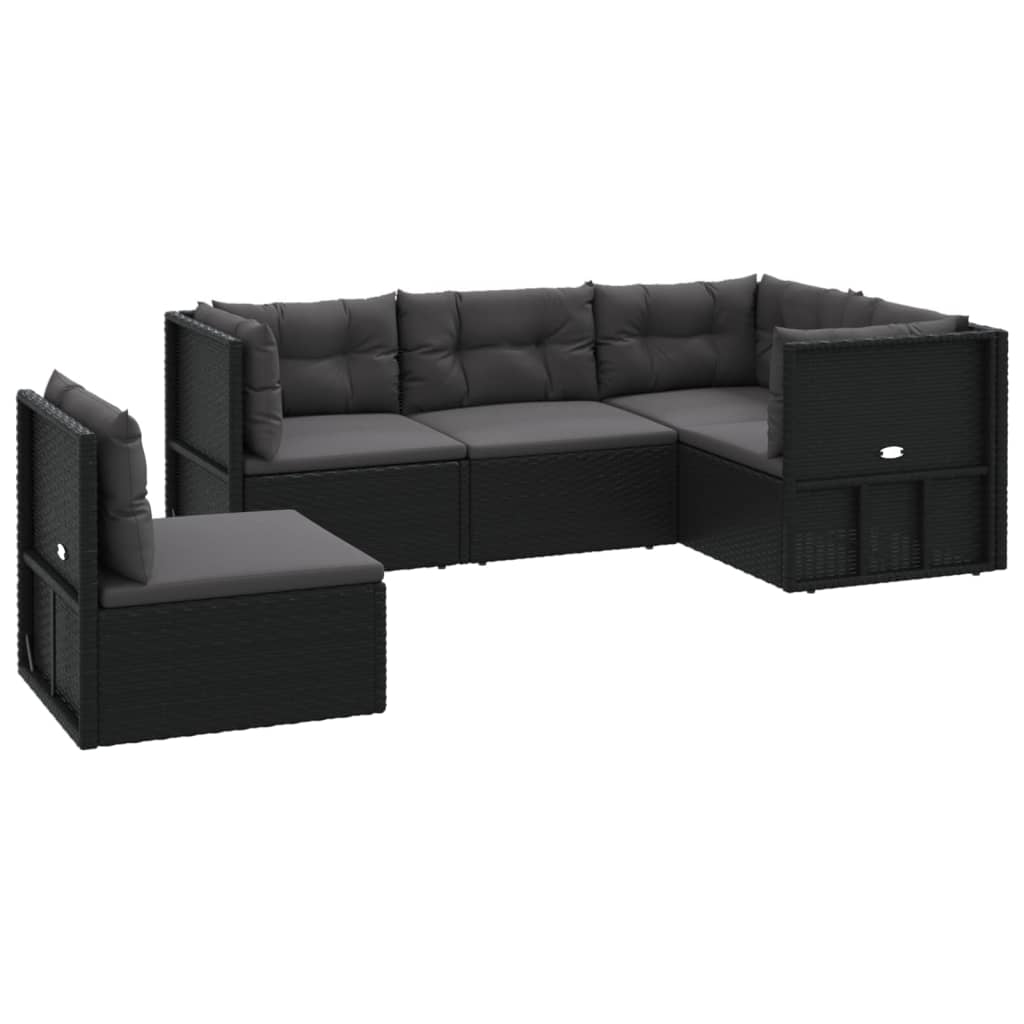 6-delige Loungeset met kussens poly rattan zwart