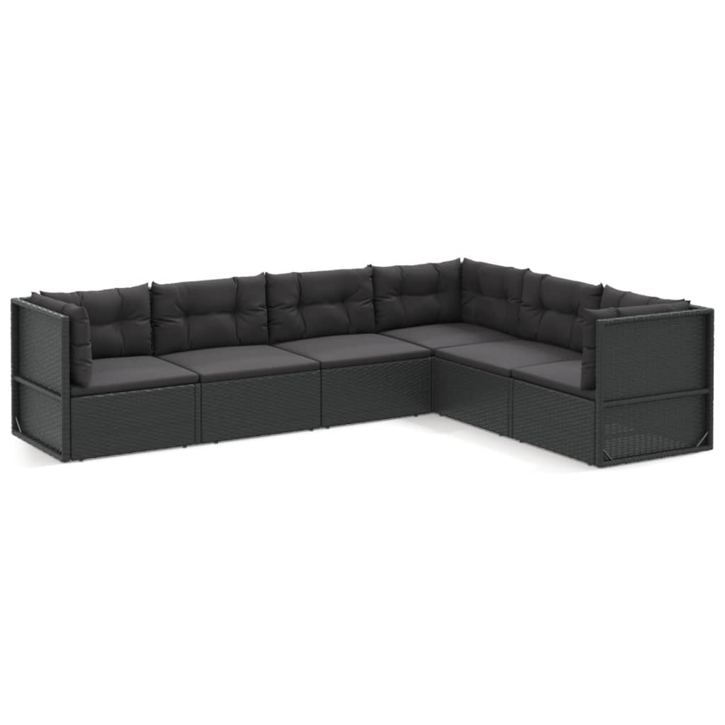 6-delige Loungeset met kussens poly rattan zwart