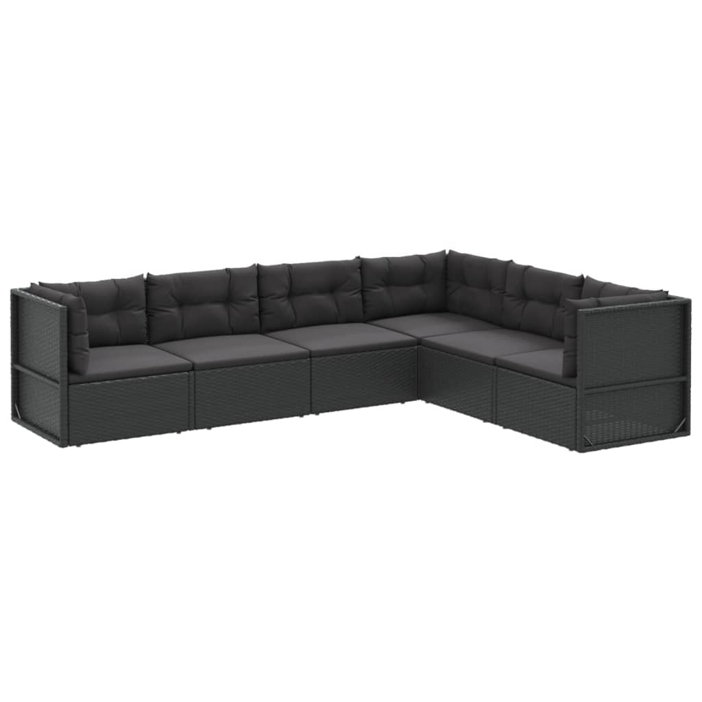 6-delige Loungeset met kussens poly rattan zwart