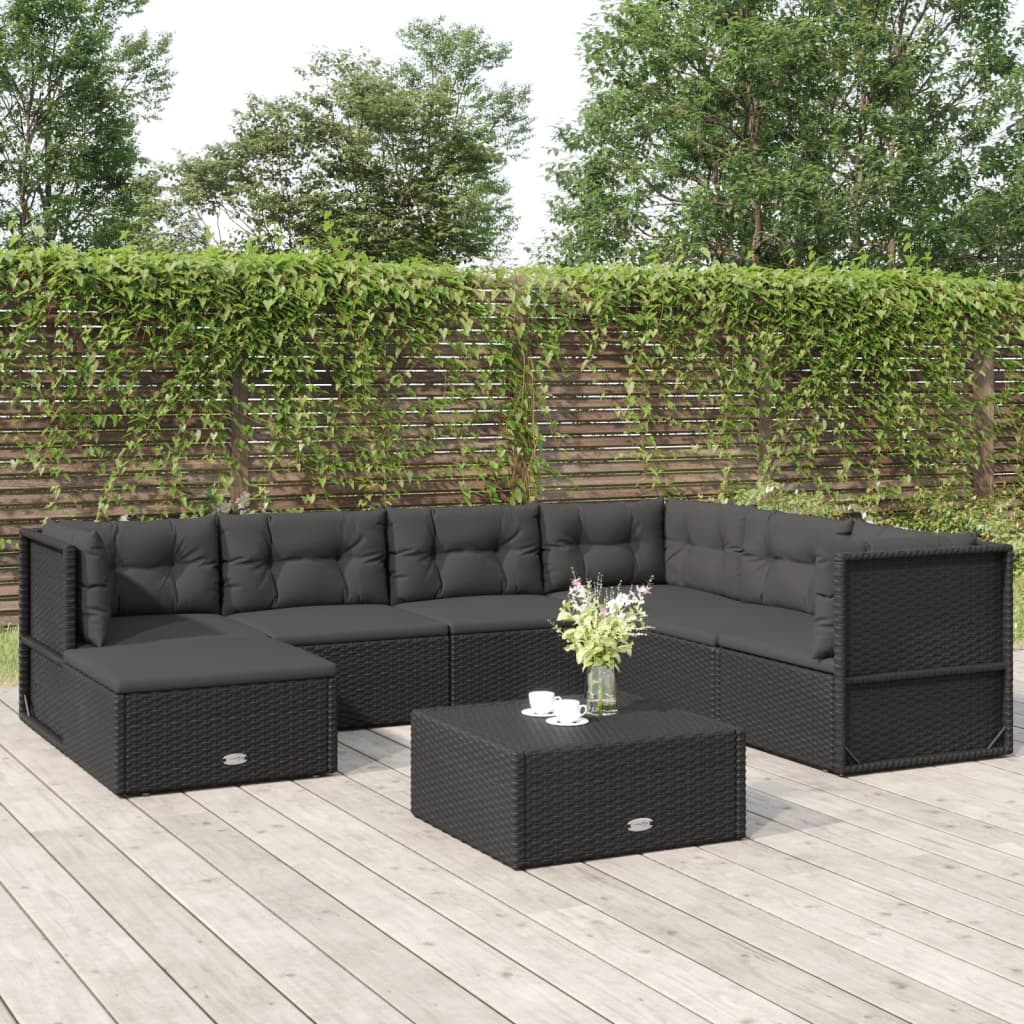 6-delige Loungeset met kussens poly rattan zwart