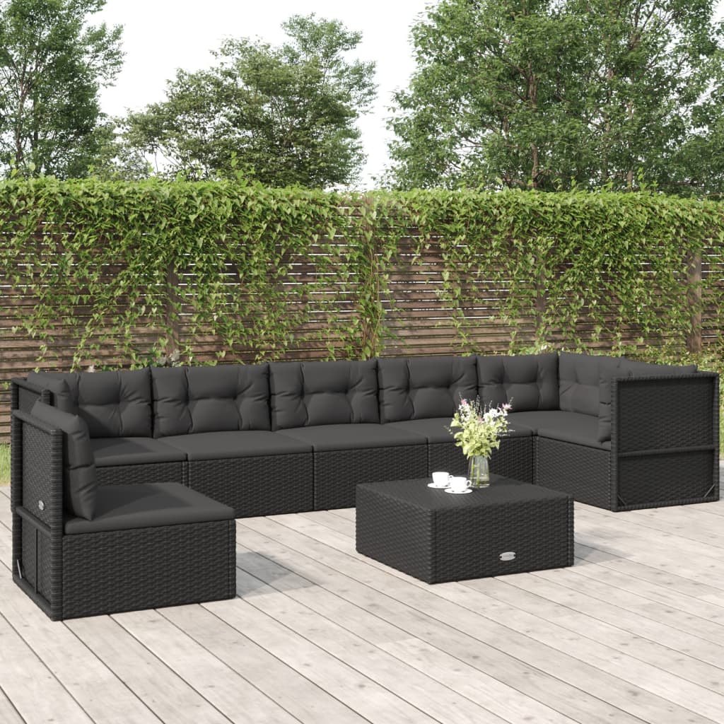 6-delige Loungeset met kussens poly rattan zwart