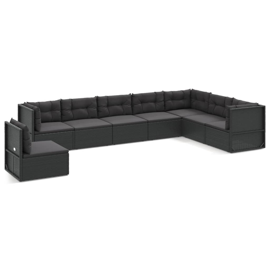 9-delige Loungeset met kussens poly rattan zwart