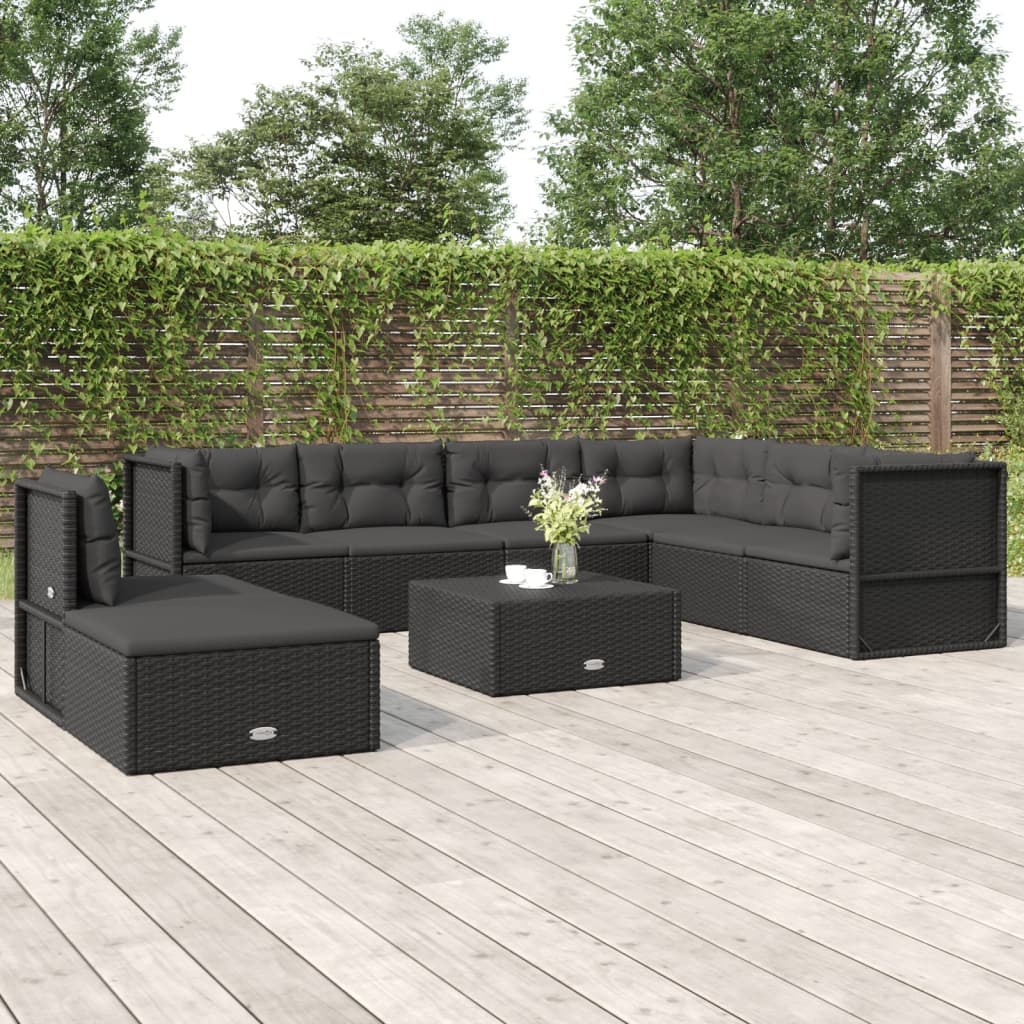 9-delige Loungeset met kussens poly rattan zwart