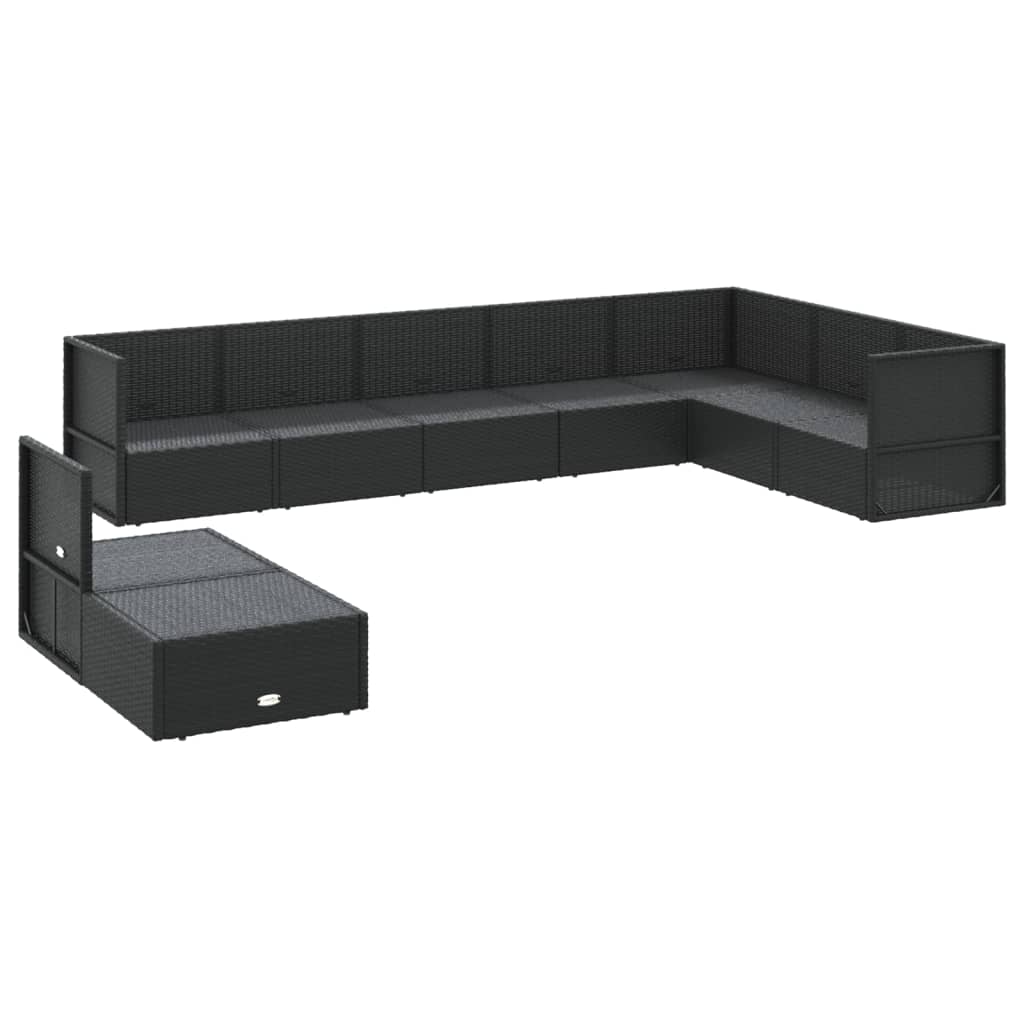 8-delige Loungeset met kussens poly rattan zwart