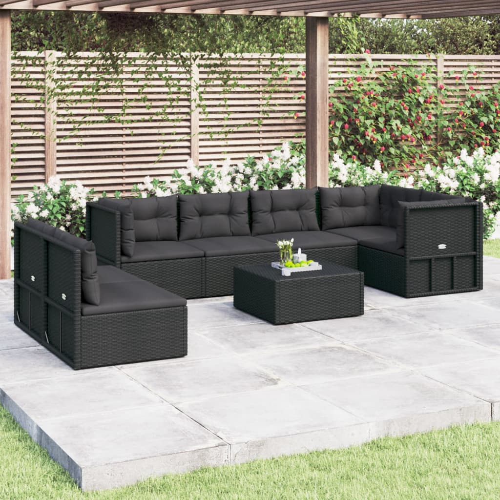 8-delige Loungeset met kussens poly rattan zwart