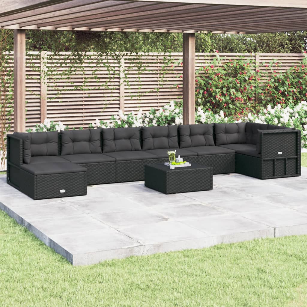 8-delige Loungeset met kussens poly rattan zwart