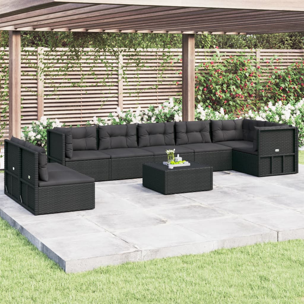 8-delige Loungeset met kussens poly rattan zwart