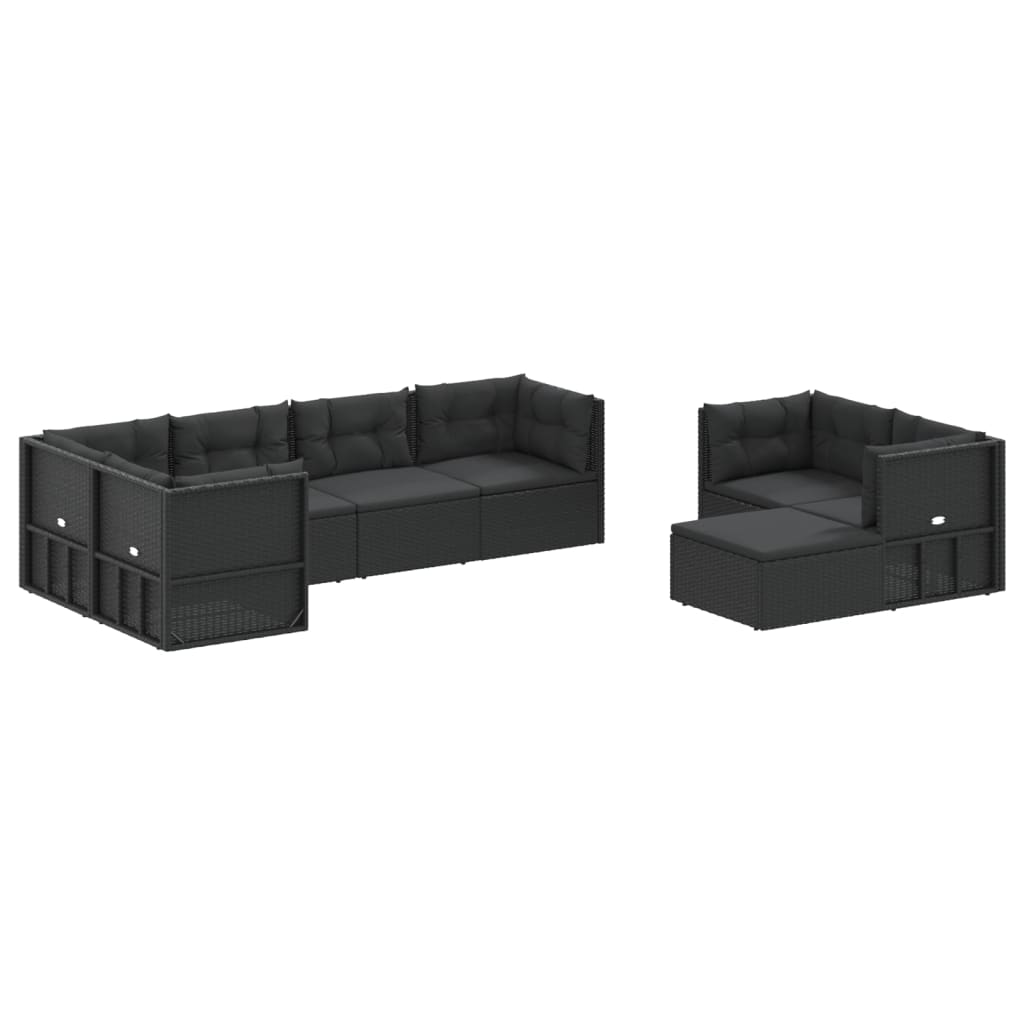 8-delige Loungeset met kussens poly rattan zwart