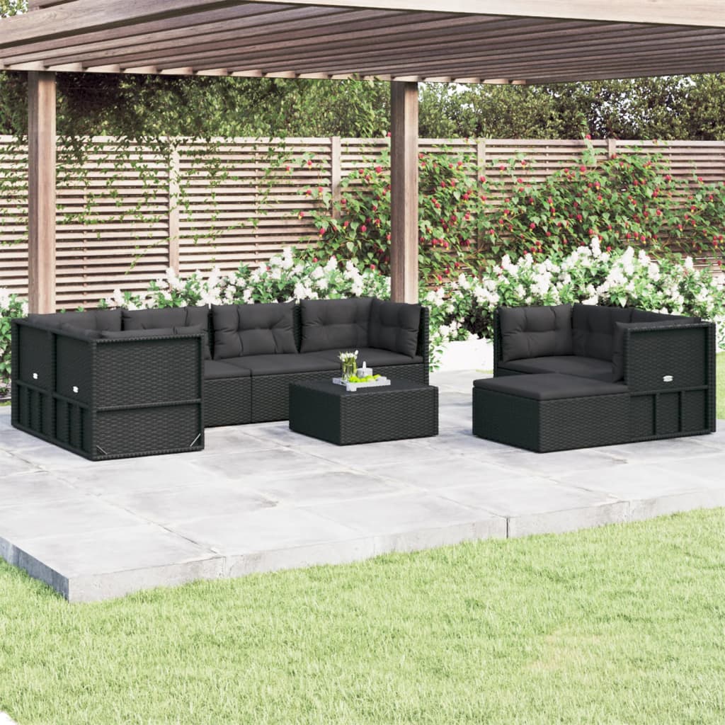 8-delige Loungeset met kussens poly rattan zwart