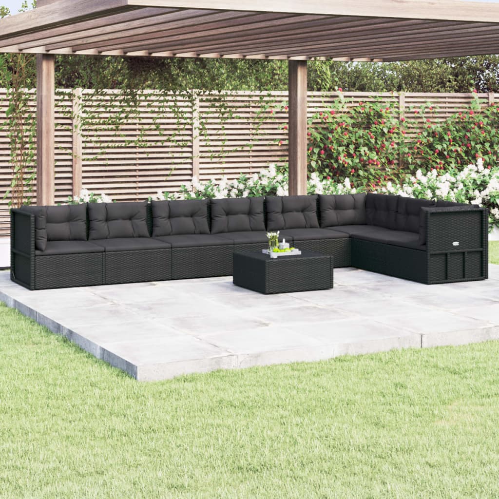 8-delige Loungeset met kussens poly rattan zwart