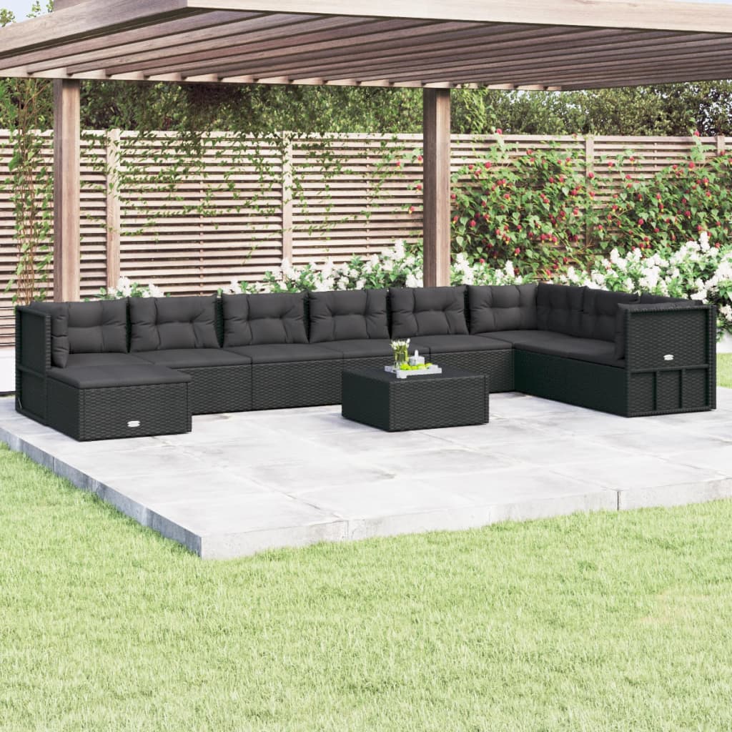 8-delige Loungeset met kussens poly rattan zwart