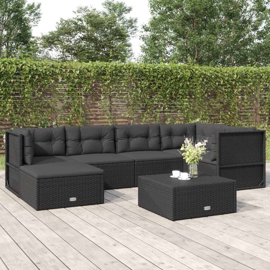 7-delige Loungeset met kussens poly rattan zwart