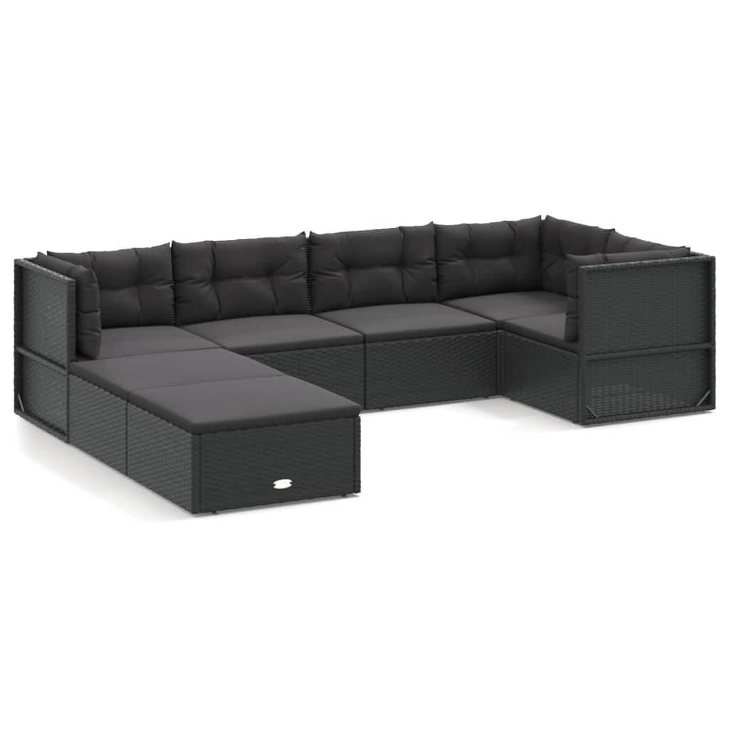 7-delige Loungeset met kussens poly rattan zwart