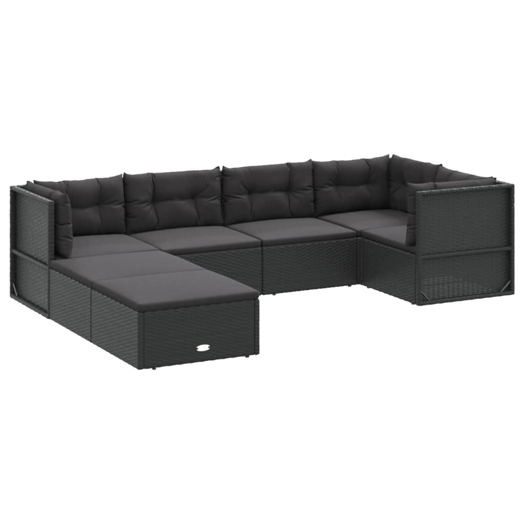 7-delige Loungeset met kussens poly rattan zwart