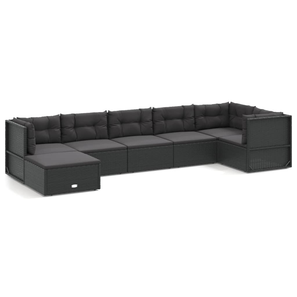 7-delige Loungeset met kussens poly rattan zwart