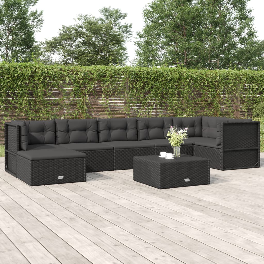 7-delige Loungeset met kussens poly rattan zwart