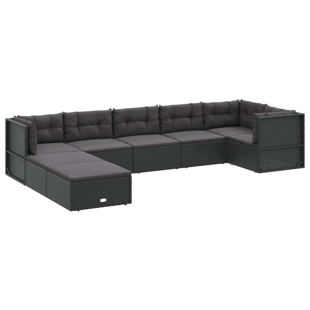 7-delige Loungeset met kussens poly rattan zwart