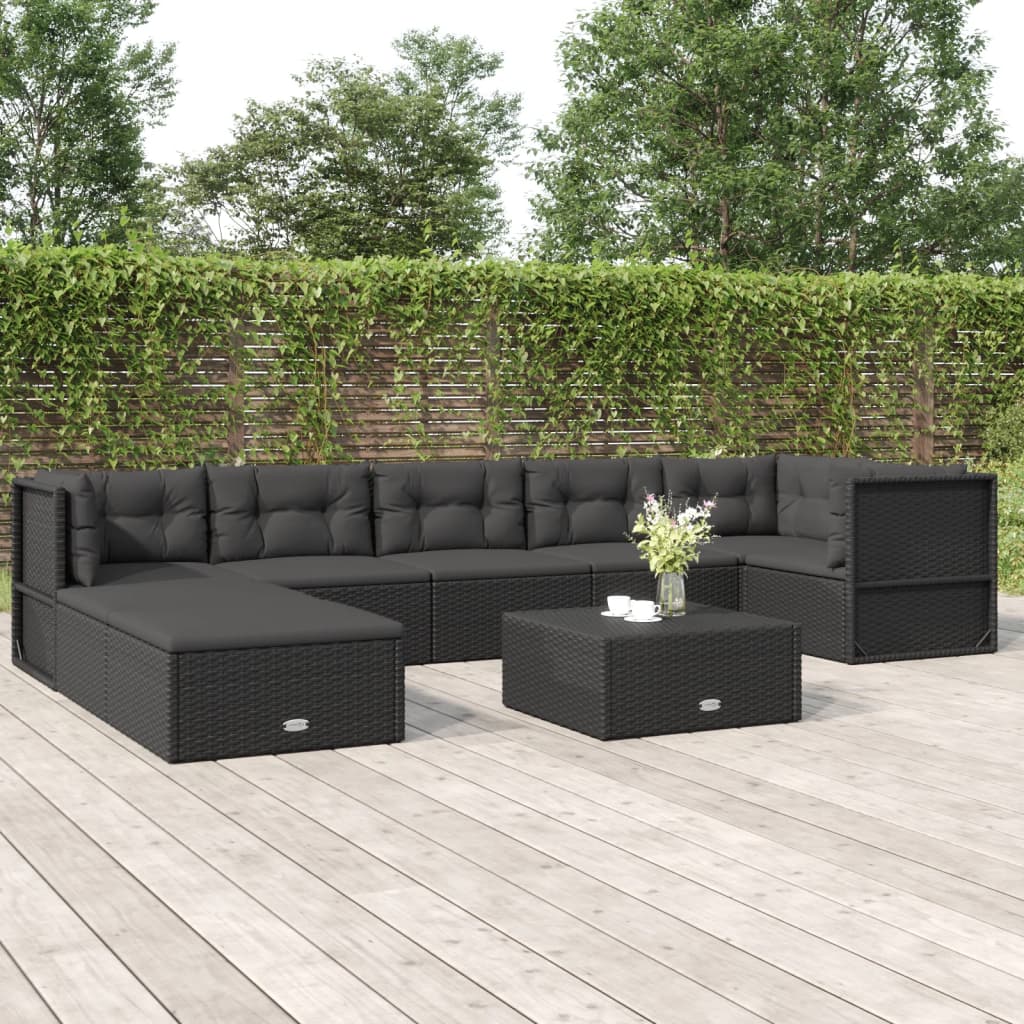 7-delige Loungeset met kussens poly rattan zwart