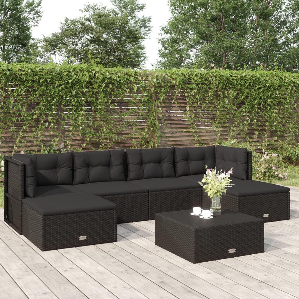 8-delige Loungeset met kussens poly rattan zwart