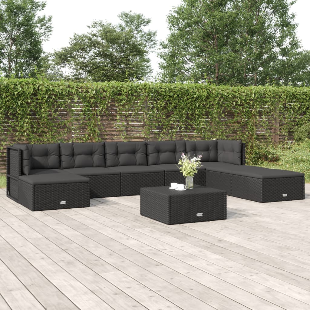 8-delige Loungeset met kussens poly rattan zwart