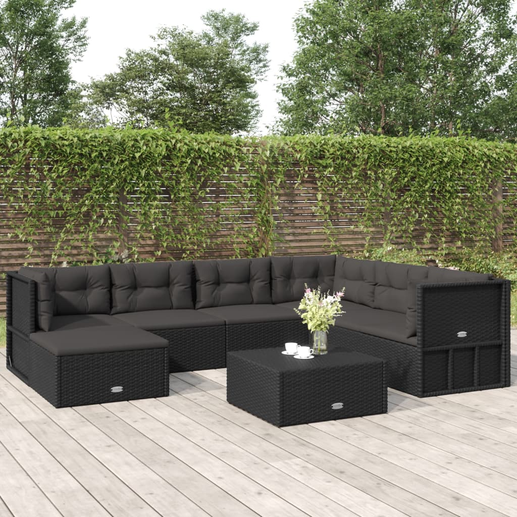 8-delige Loungeset met kussens poly rattan zwart