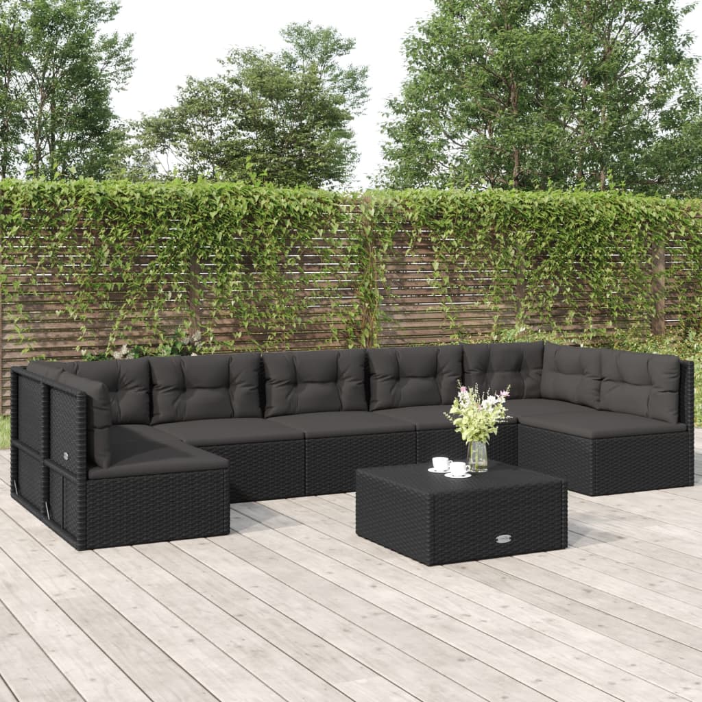 8-delige Loungeset met kussens poly rattan zwart