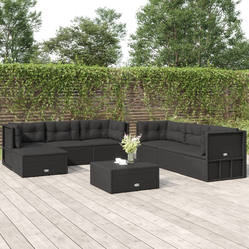 7-delige Loungeset met kussens poly rattan zwart