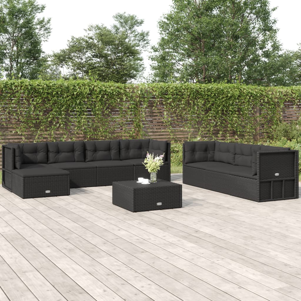 7-delige Loungeset met kussens poly rattan zwart