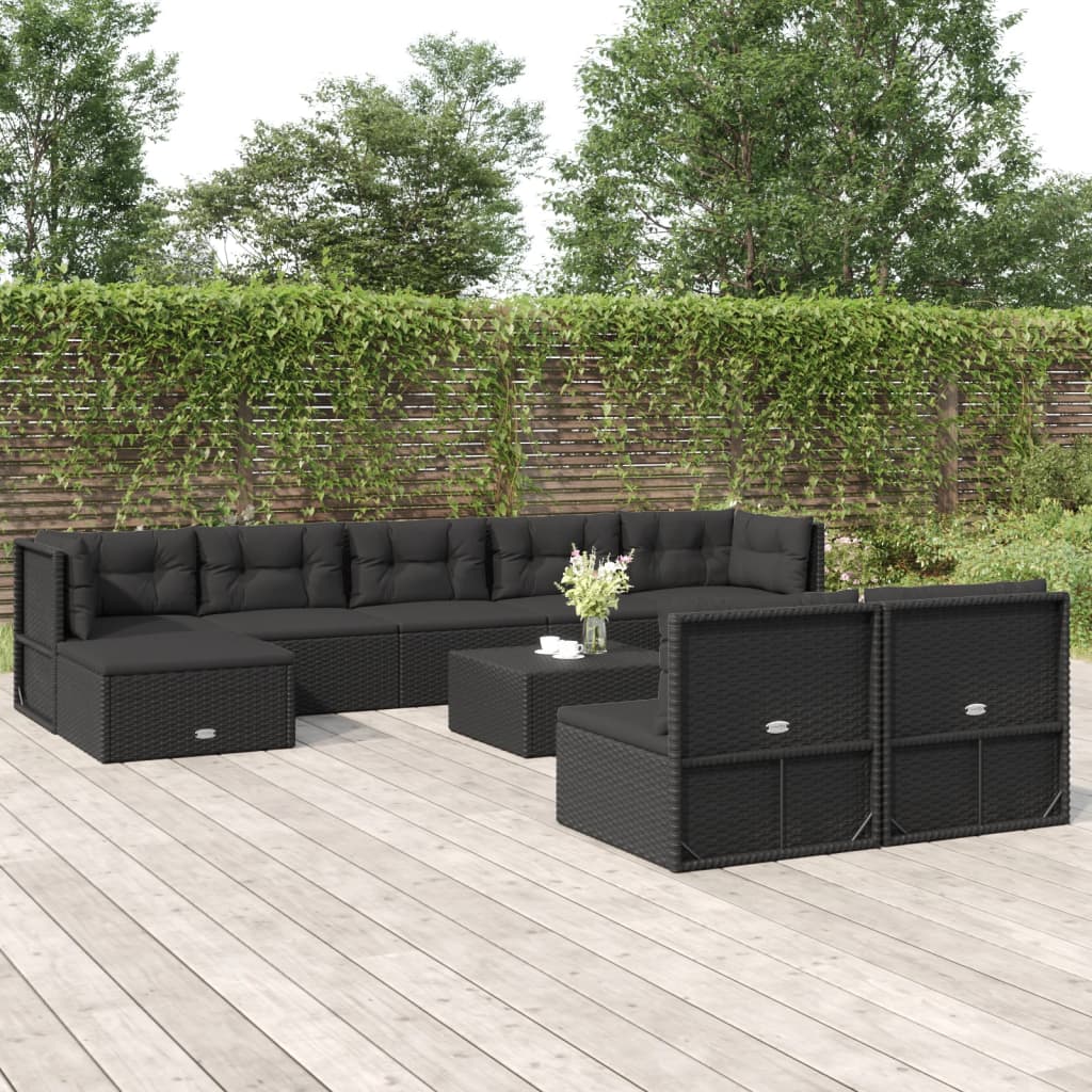 10-delige Loungeset met kussens poly rattan zwart