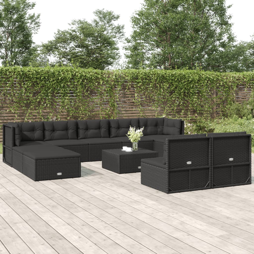 10-delige Loungeset met kussens poly rattan zwart