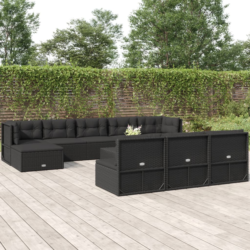 10-delige Loungeset met kussens poly rattan zwart