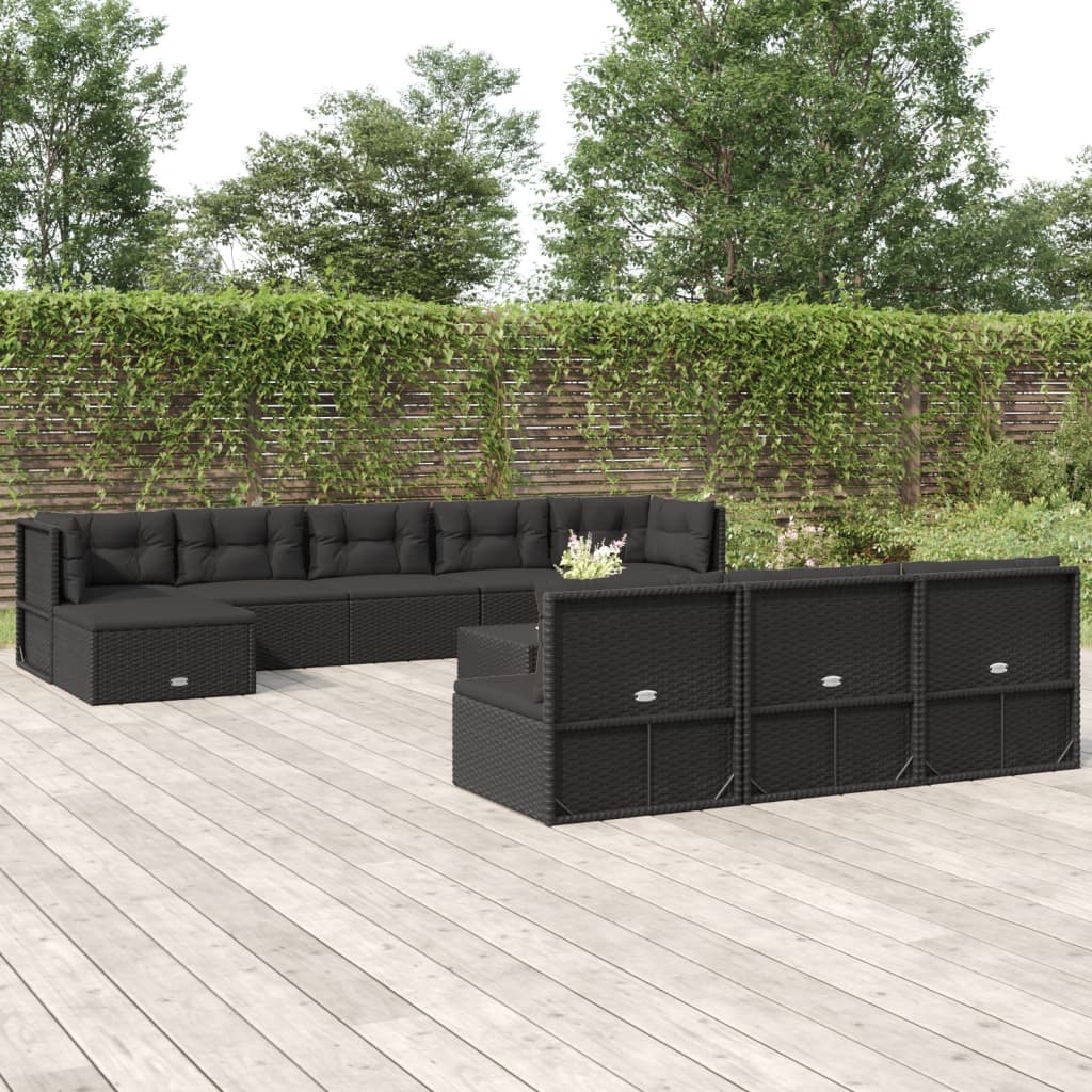 10-delige Loungeset met kussens poly rattan zwart