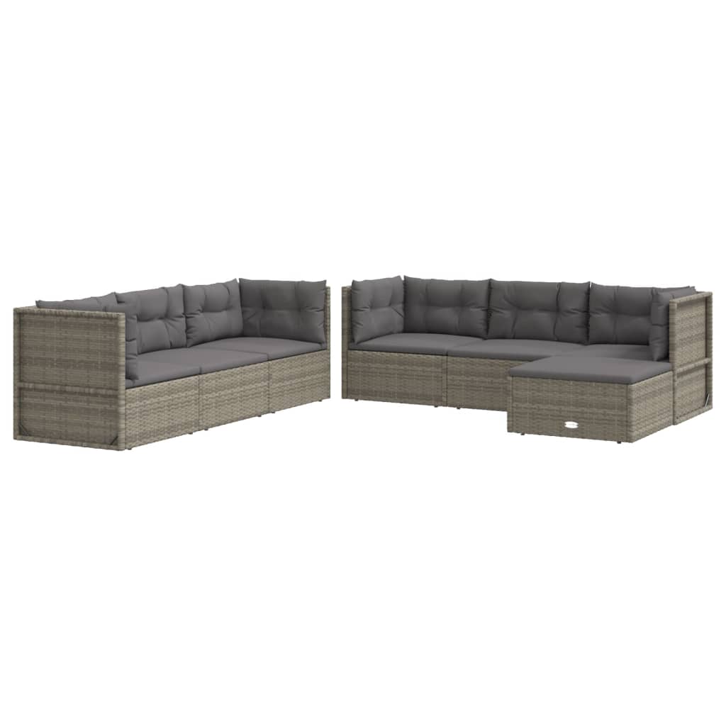 7-delige Loungeset met kussens poly rattan grijs