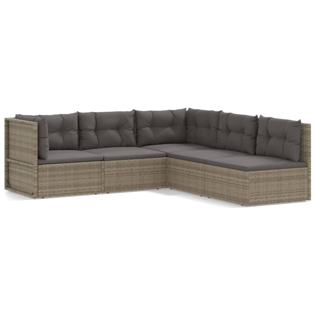 5-delige Loungeset met kussens poly rattan grijs