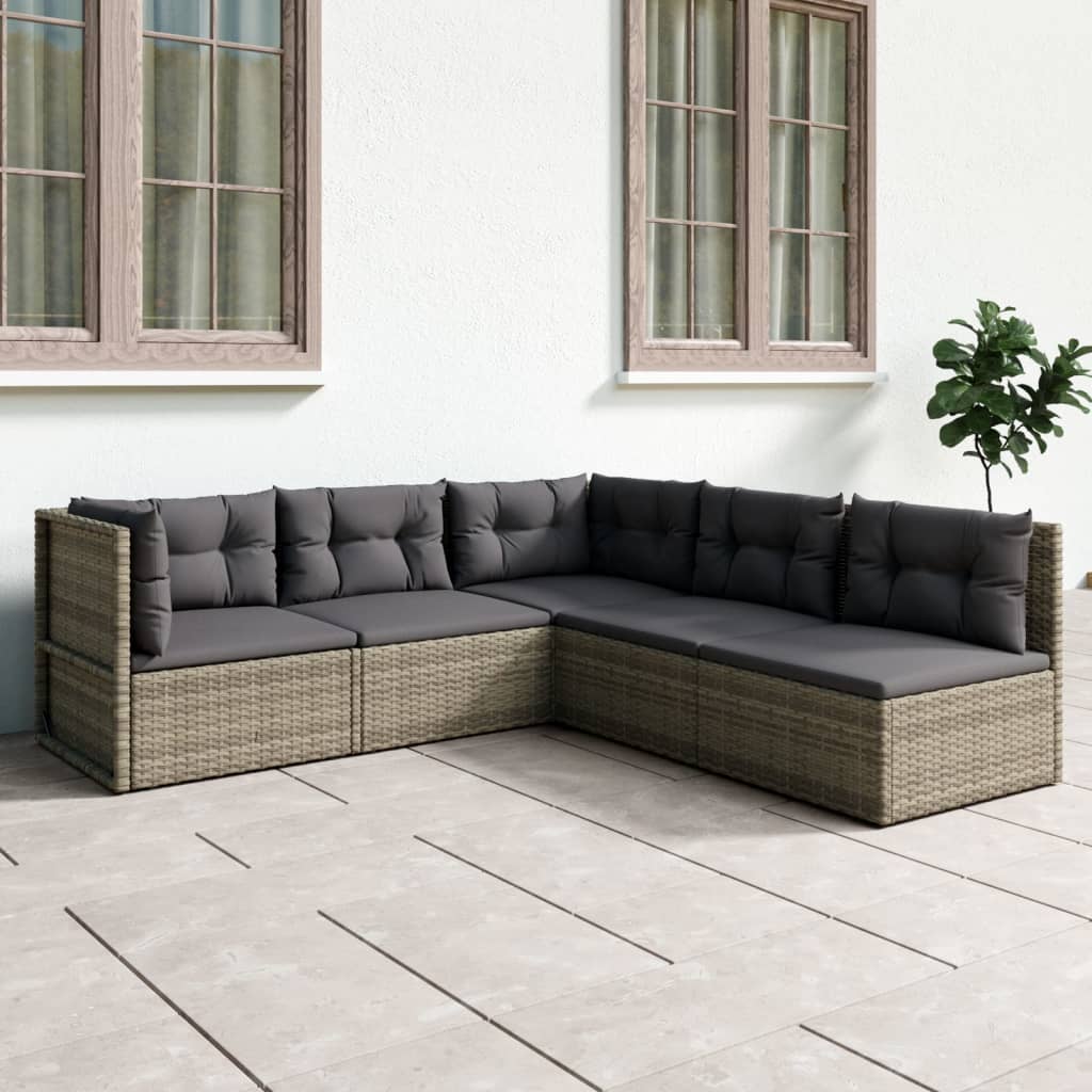 5-delige Loungeset met kussens poly rattan grijs