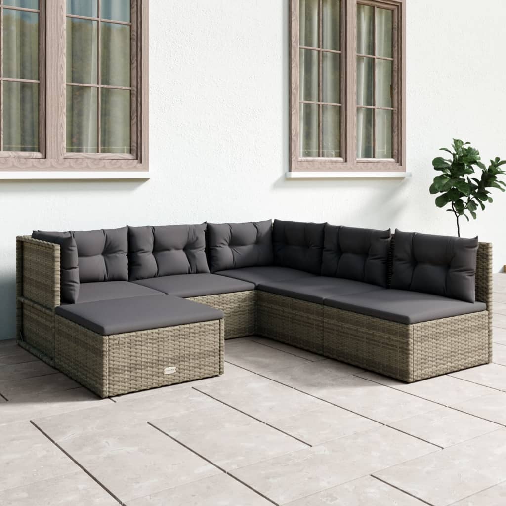 5-delige Loungeset met kussens poly rattan grijs