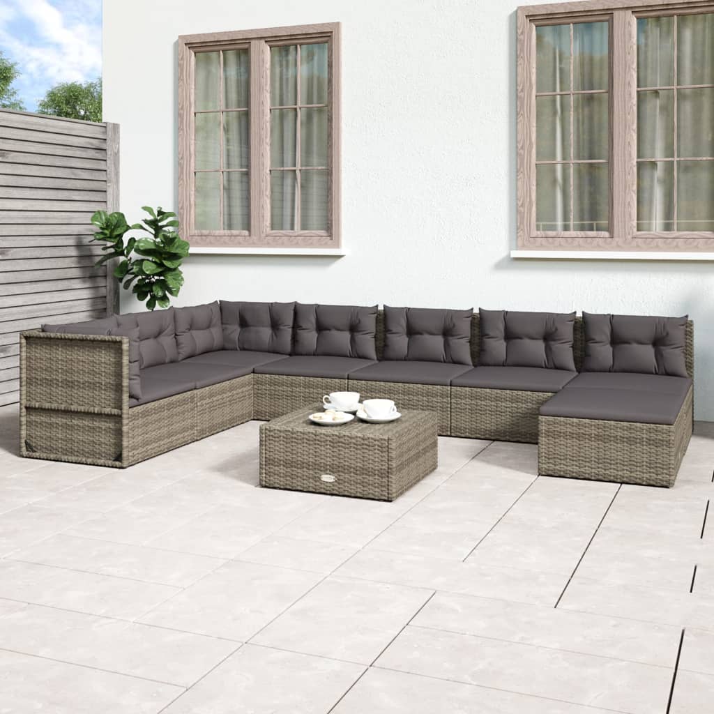 9-delige Loungeset met kussens poly rattan grijs