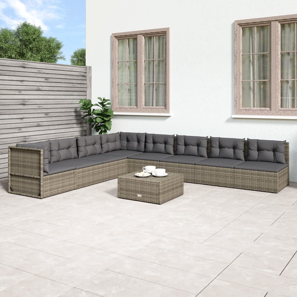 9-delige Loungeset met kussens poly rattan grijs