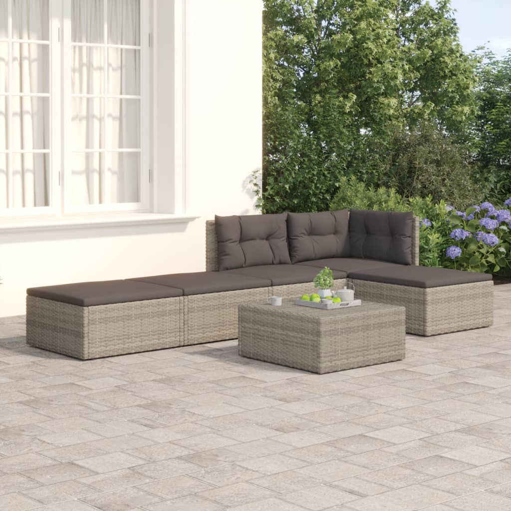 5-delige Loungeset met kussens poly rattan grijs