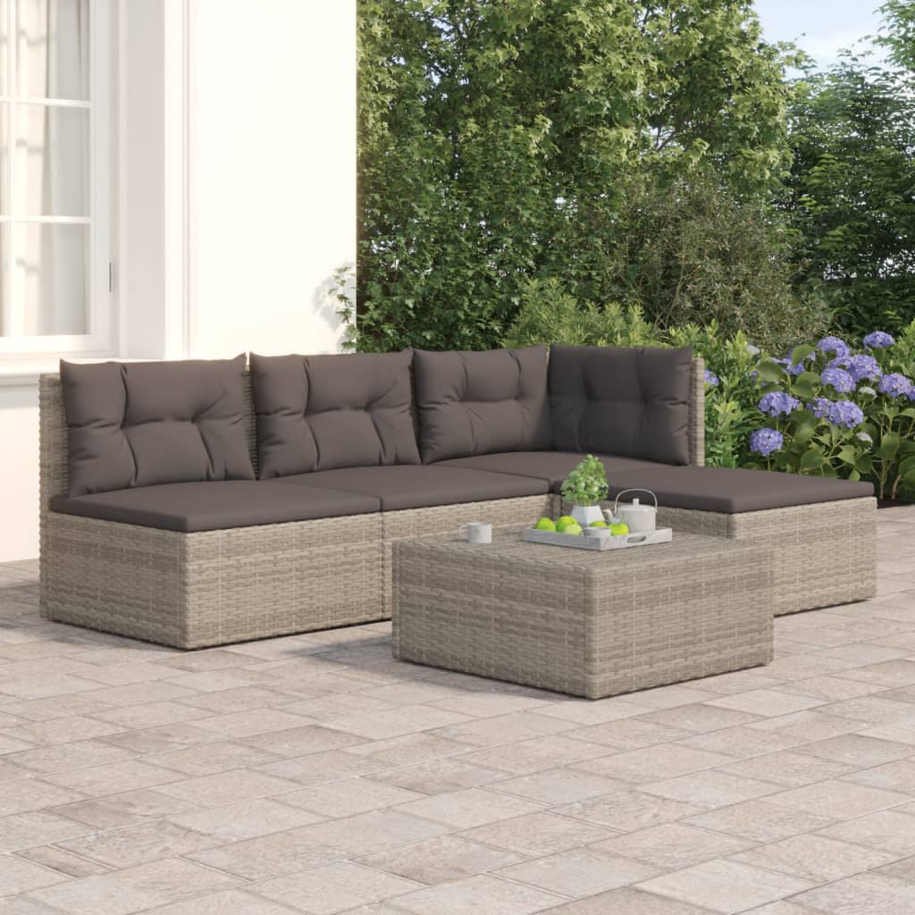 5-delige Loungeset met kussens poly rattan grijs